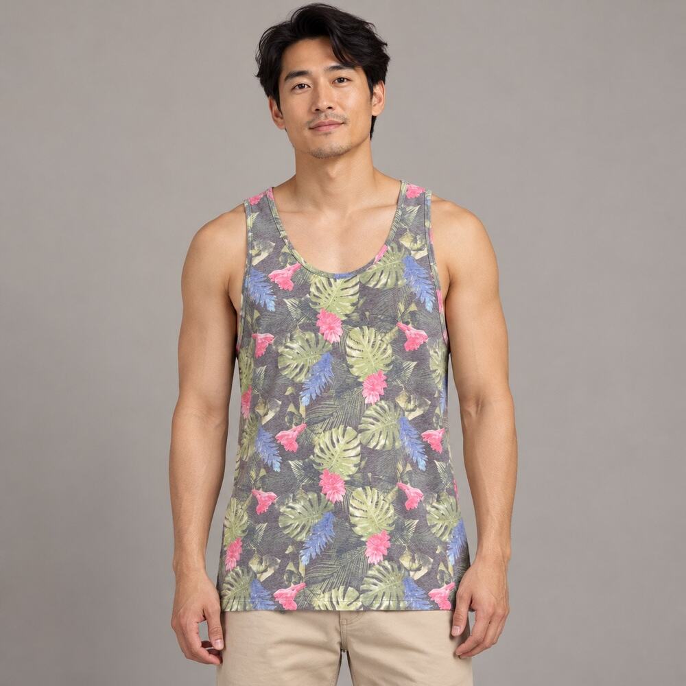 H&M Divided Men’s XL Gray Tropical Floral Tank Top Cotton Blend